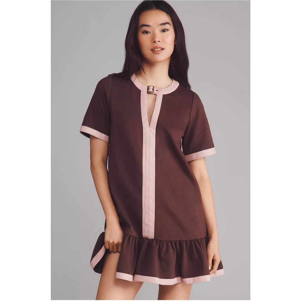 NWT Maeve Colorblock Leather-Trim Drop-Waist Mini Dress. Size MP. Ret. $158
